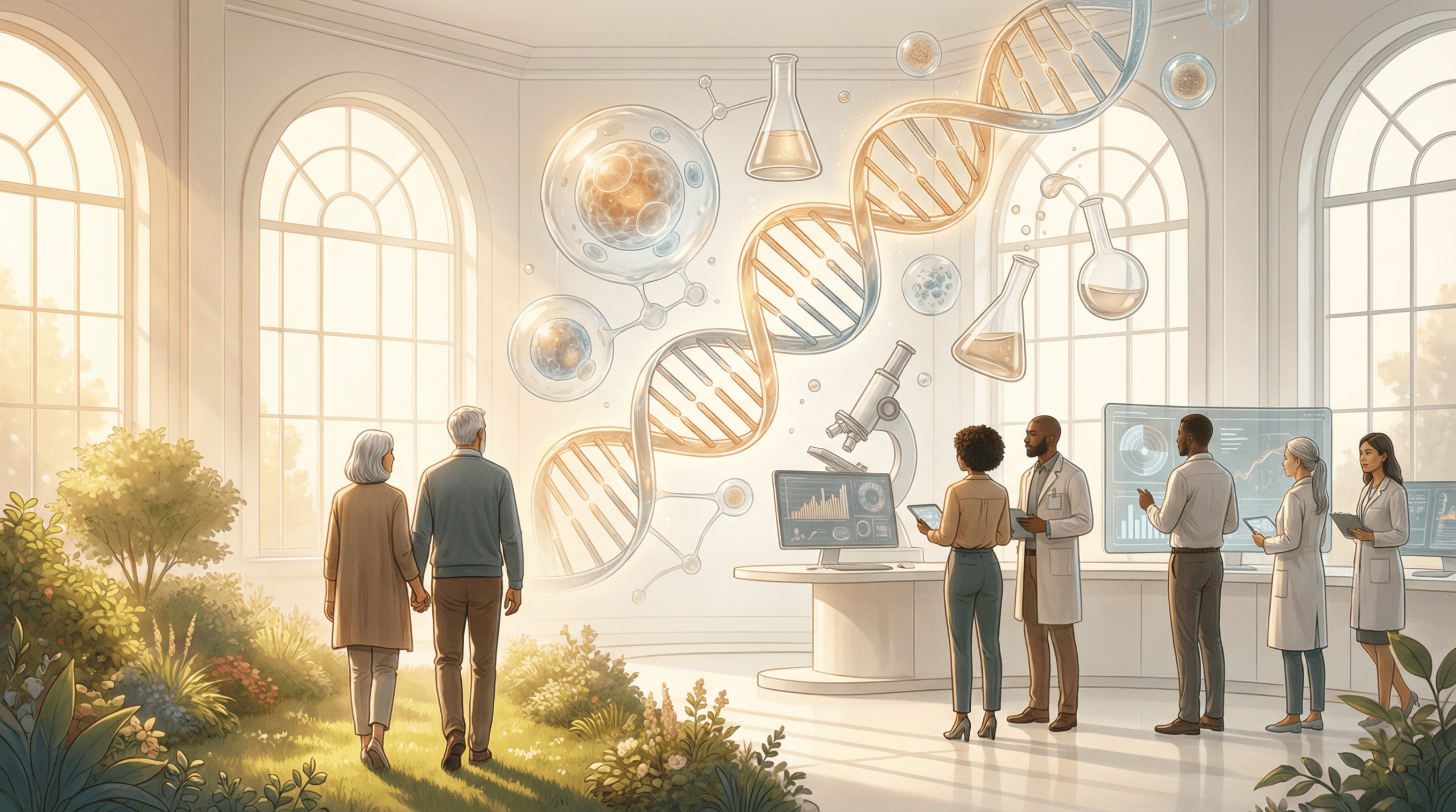 An editorial illustration depicting scientific research into longevity and anti-aging, with DNA strands, cells, and scientific instruments, conveying an optimistic tone of healthy aging.