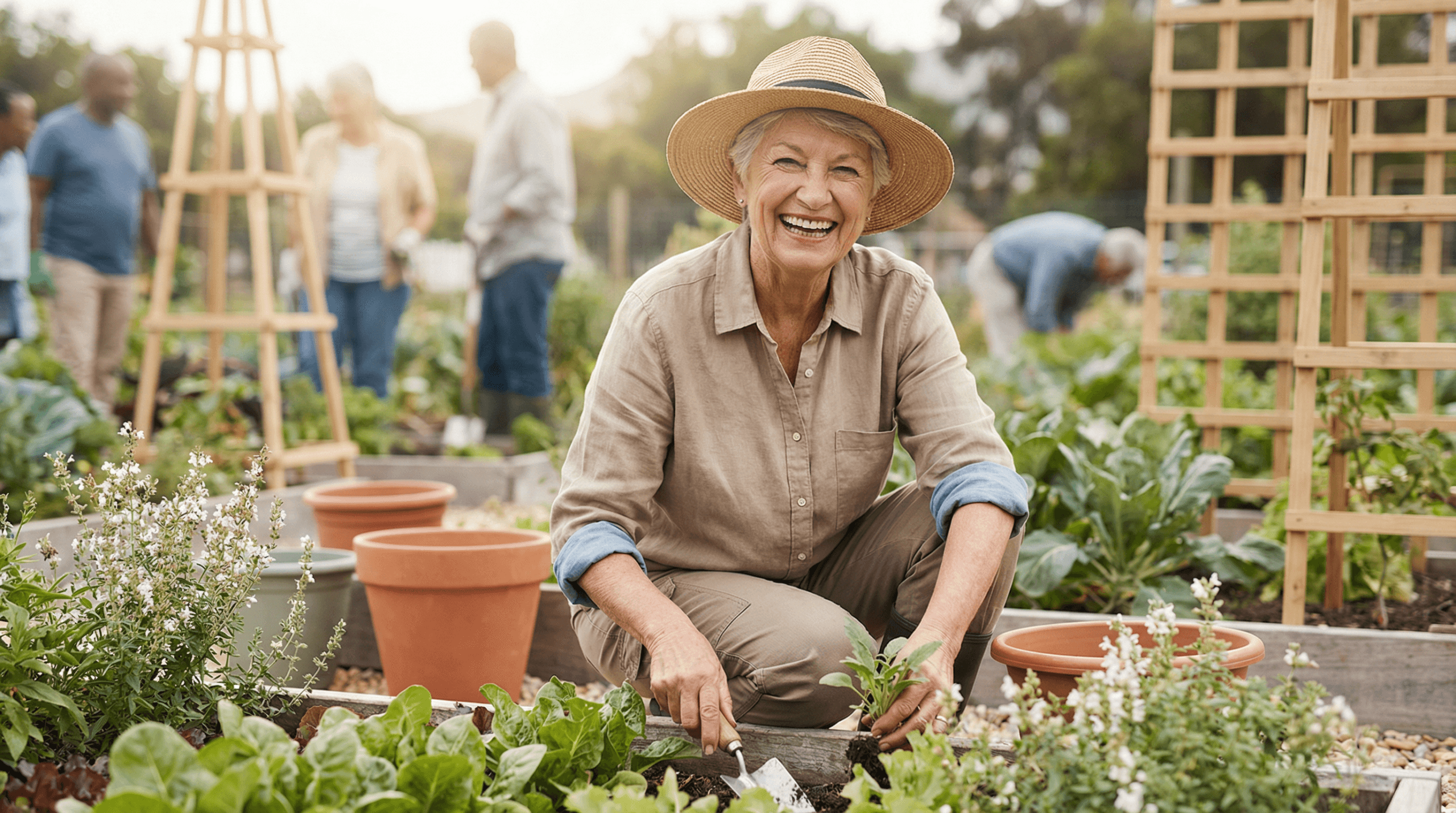 A photorealistic image of a vibrant older person happily gardening, illustrating a practical application of healthy aging and vitality in a warm, optimistic setting.