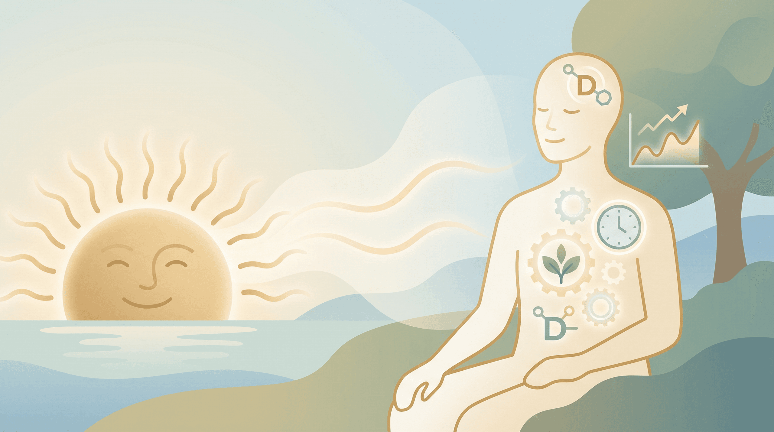 A stylized illustration showing the sun rising over water, with rays connecting to a meditating human figure whose body contains gears, a clock, and plant motifs, representing the scientific mechanisms of morning sun exposure on circadian rhythm, vitamin D, and cortisol for longevity.