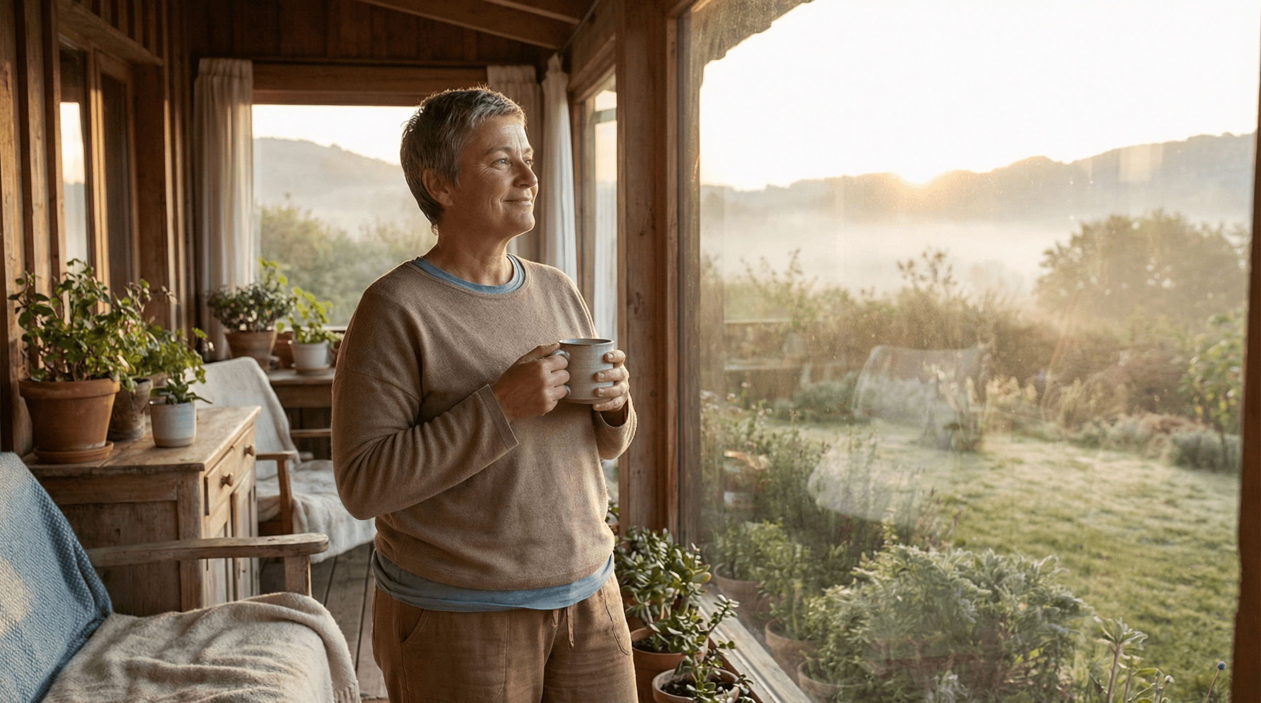 A photorealistic image of a person in their 50s-60s, with short grey hair, standing on a porch or sunroom, holding a mug and looking out at a misty, sunlit landscape during sunrise, embodying a healthy morning routine and vitality.