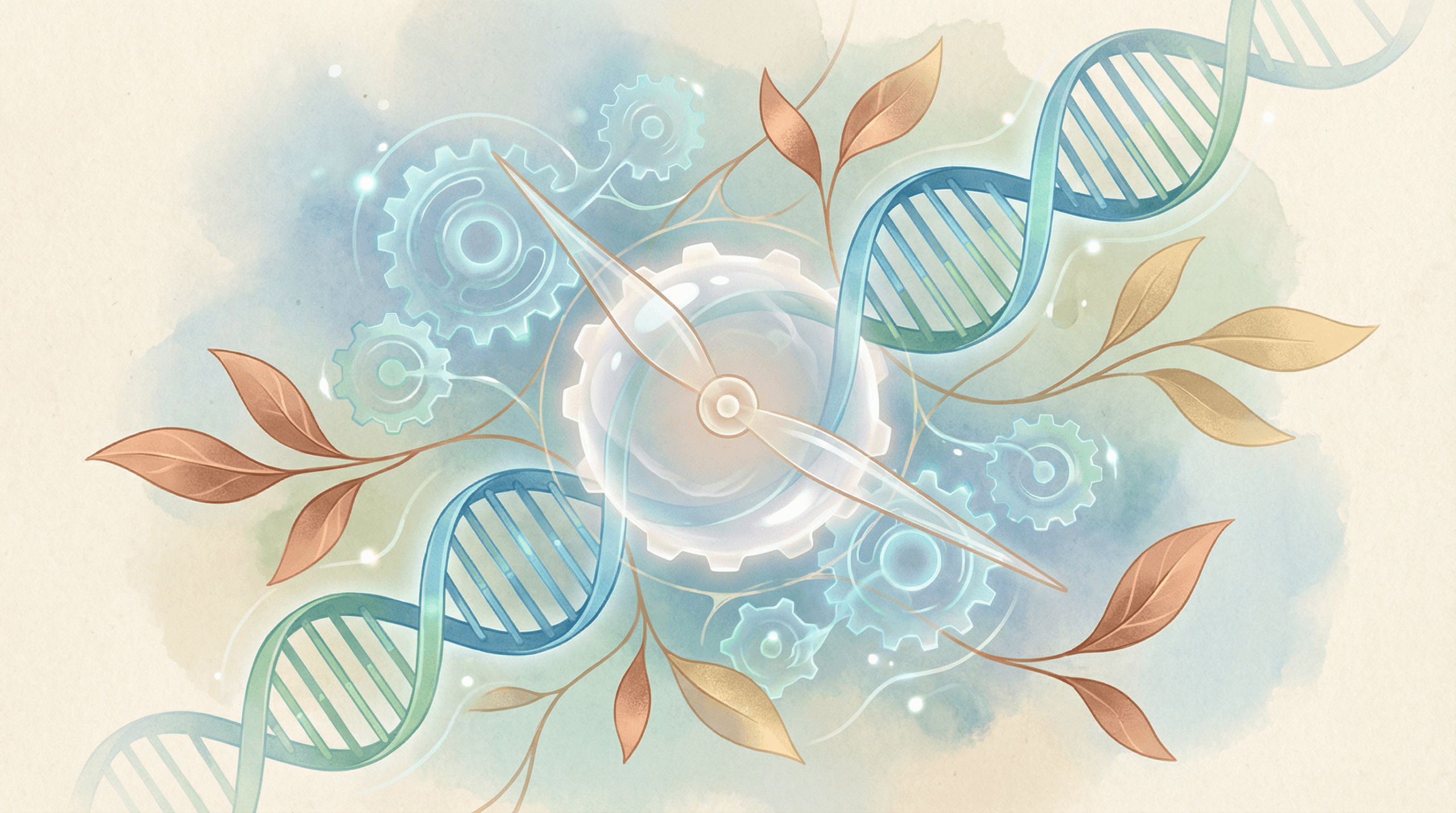 A clean editorial illustration of DNA strands, cellular structures, and clock-like mechanisms, representing biological age and epigenetic clocks.