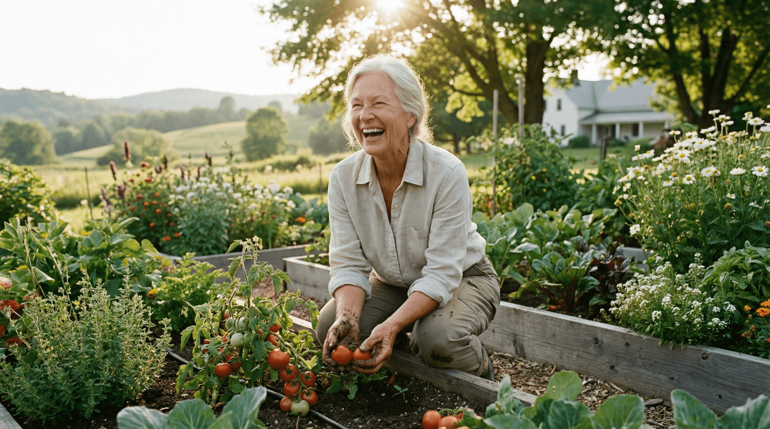 A photorealistic image of a vibrant, healthy older adult happily gardening outdoors, symbolizing a lifestyle that promotes longevity and vitality.