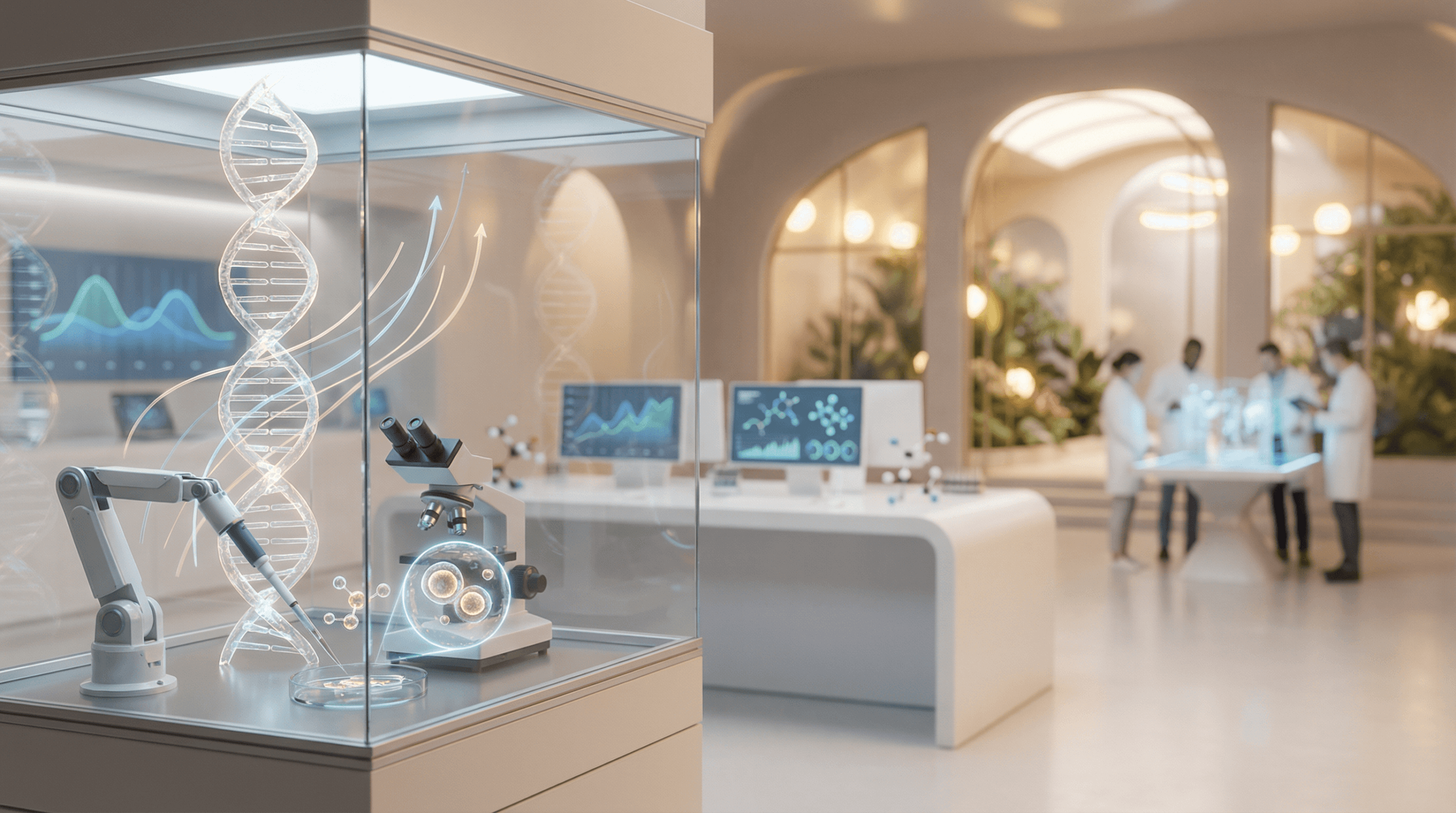 A futuristic laboratory setting with a glowing DNA helix, robotic arm, and microscopes, symbolizing scientific advancements in life extension and rejuvenation therapies.