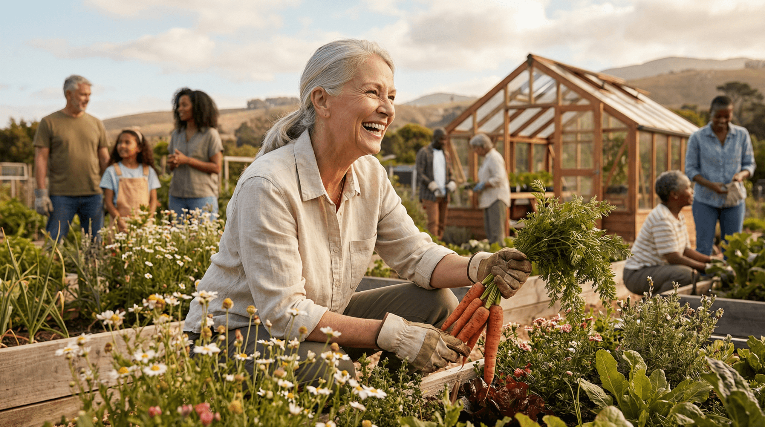 A vibrant, smiling older woman harvesting carrots in a community garden, surrounded by other active individuals, representing healthy aging and vitality.