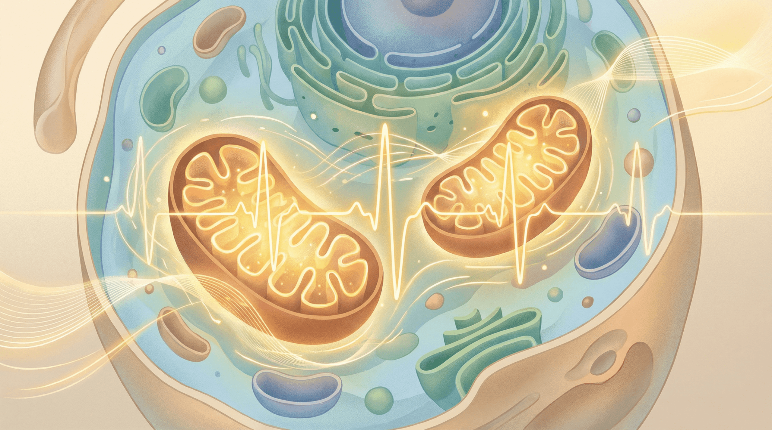 A clean editorial illustration of a human cell, with mitochondria prominently featured and glowing with energy. Subtle visual cues indicating 'Zone 2' heart rate, perhaps a gentle, rhythmic pulse represented by light waves or abstract lines. The overall tone is warm and optimistic, emphasizing scientific understanding and vitality. Colors: soft blues, greens, and warm neutrals with golden accents for energy.