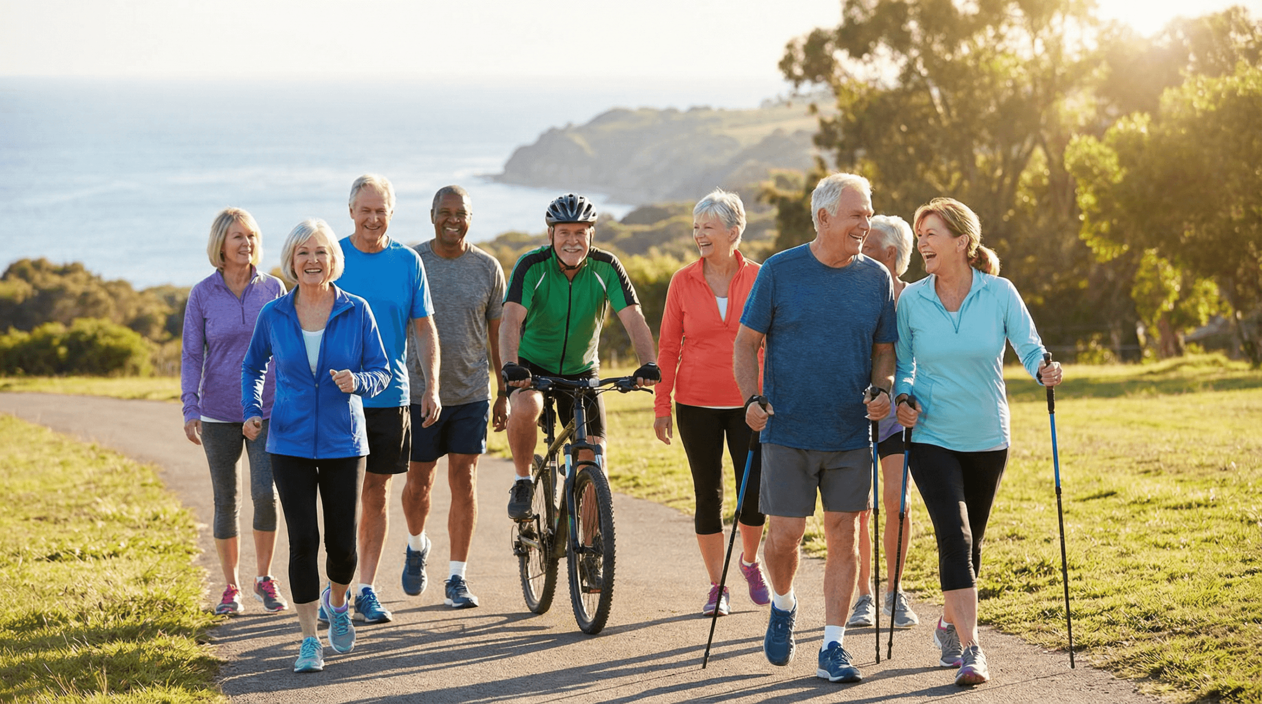 A photorealistic image of a diverse group of healthy, vibrant older adults (60s-70s) engaging in moderate-intensity exercise outdoors, such as brisk walking or cycling on a scenic path. They are smiling and appear energetic, emphasizing healthy aging and vitality. The setting is bright and natural, perhaps a park or a coastal trail. Warm, natural lighting. Colors: soft blues, greens, and warm neutrals with accent colors from their activewear.
