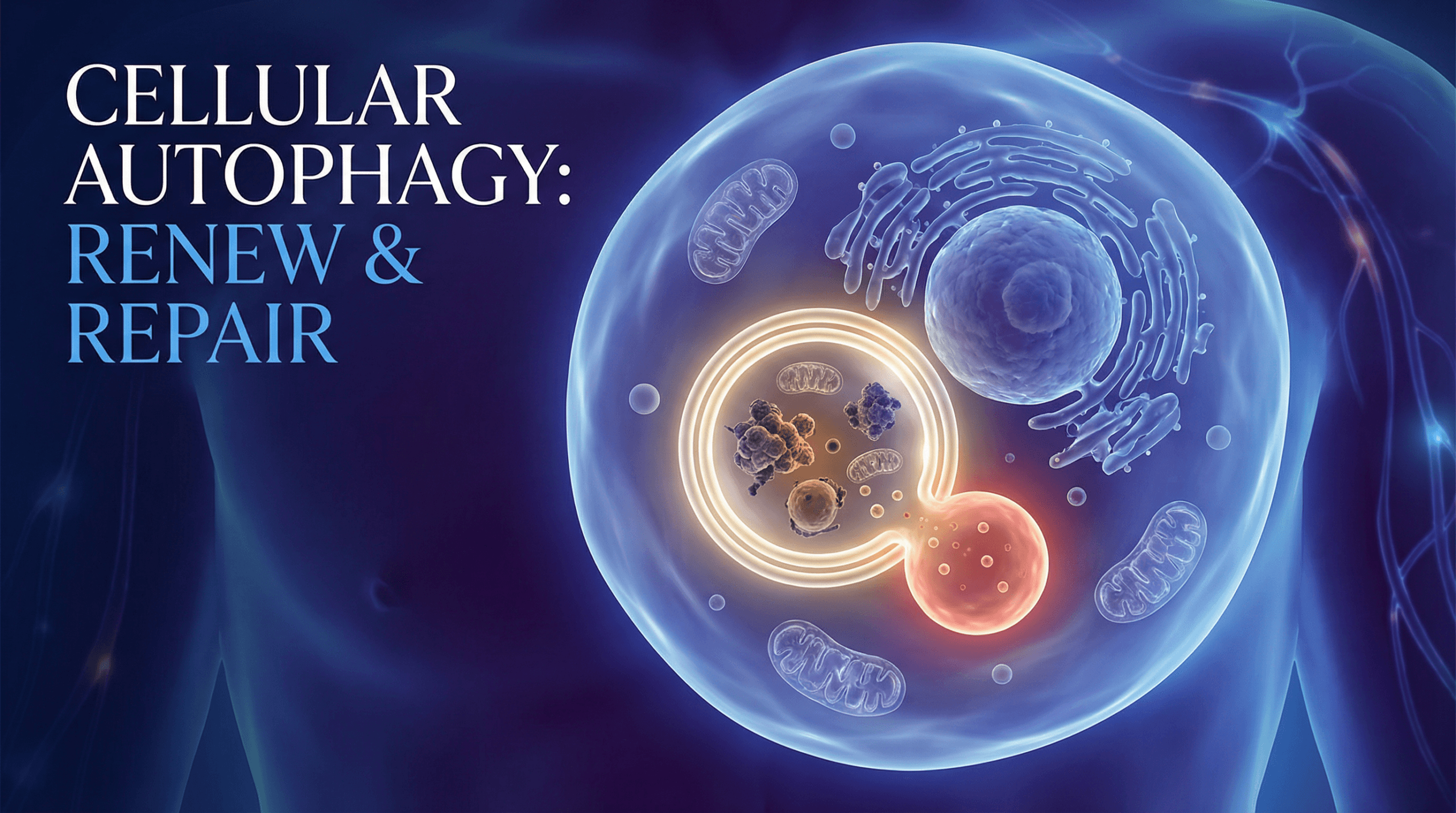 3D illustration of cellular autophagy showing an autophagosome engulfing damaged cellular debris inside a glowing cell