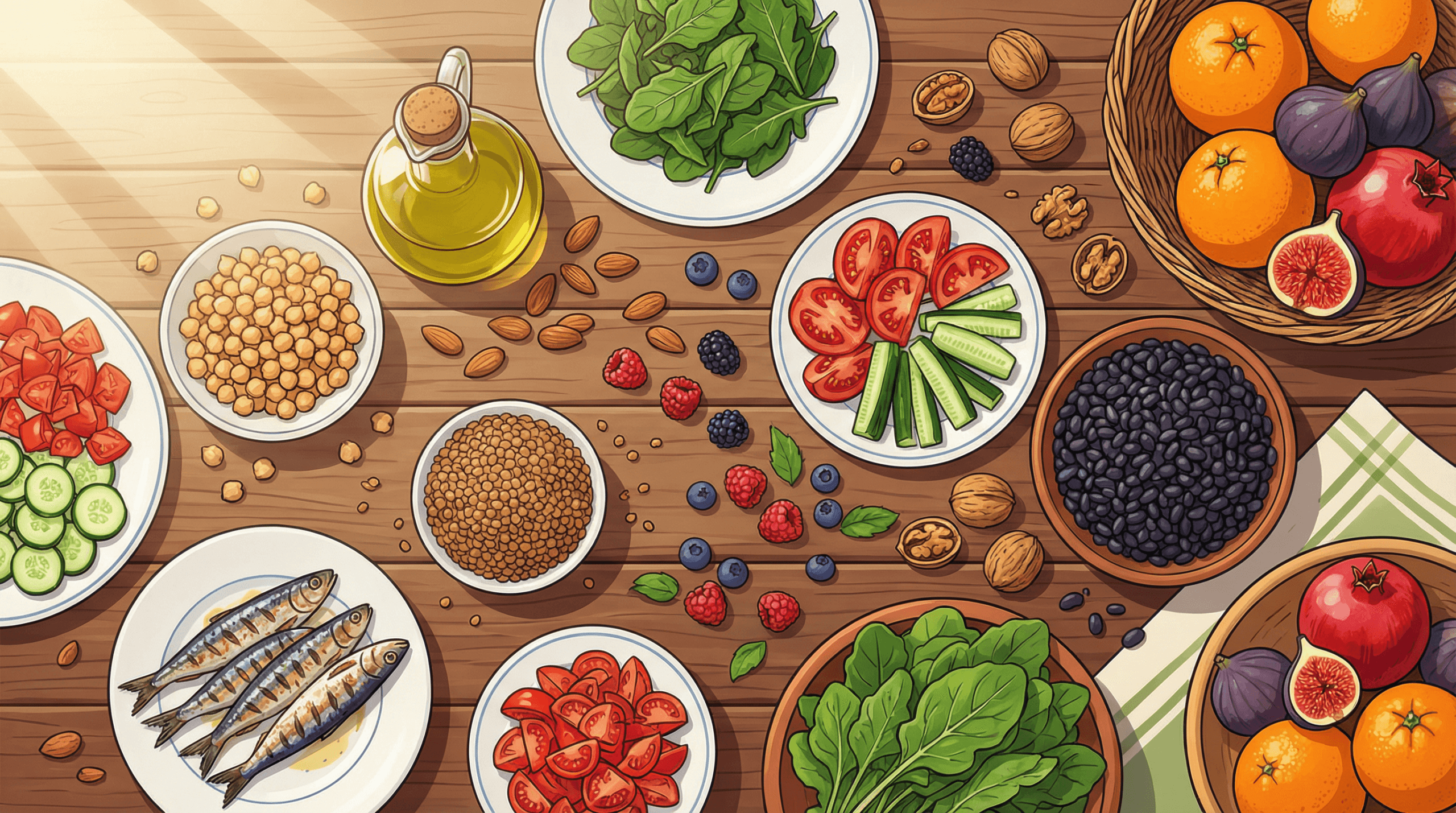 An overhead flat-lay of a Blue Zones diet spread with colorful vegetables, legumes, olive oil, sardines, nuts, and fruit on a wooden table.