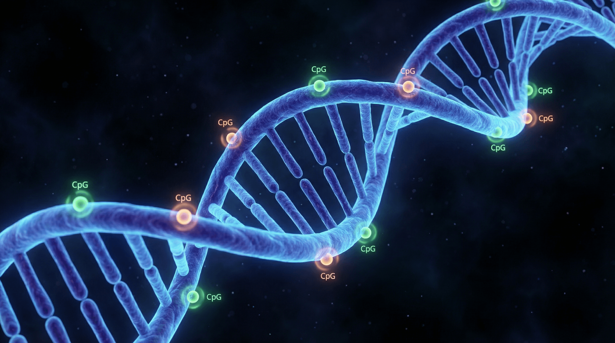 Close-up 3D visualization of a DNA double helix with glowing CpG methylation markers attached at specific sites