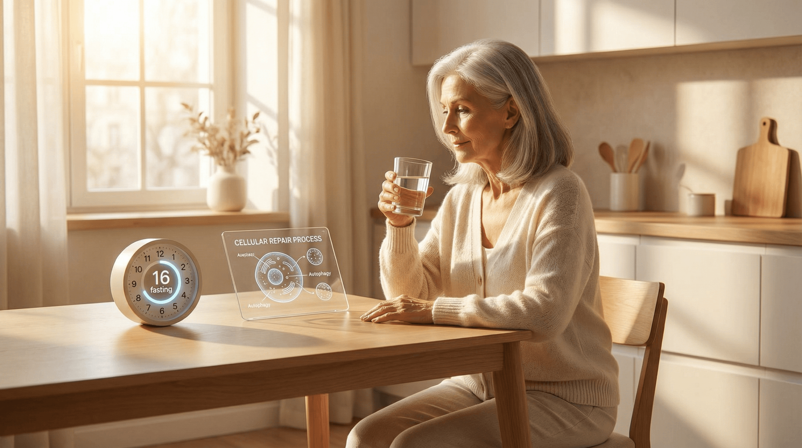 An older woman sitting at a kitchen table with a glass of water and a fasting timer, with a cellular autophagy diagram overlay, representing intermittent fasting for longevity.