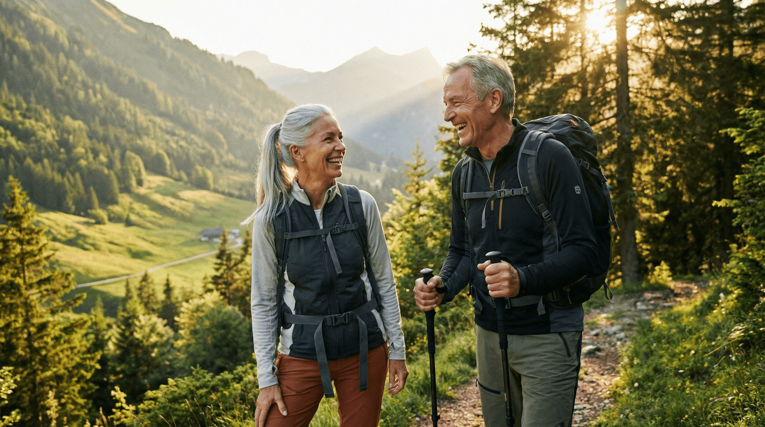 Active older couple hiking on a mountain trail at golden hour, representing a long and healthy healthspan