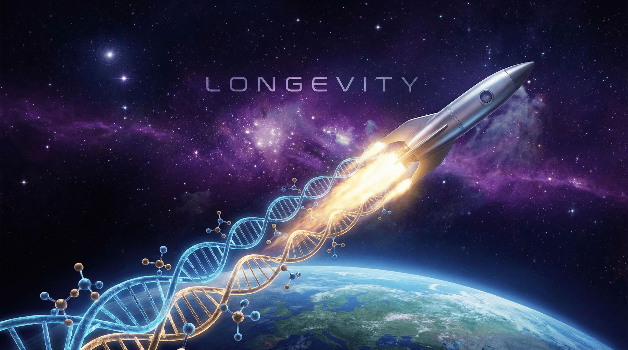 Cinematic illustration of a rocket launching from Earth with a DNA strand trail, symbolizing longevity escape velocity and the future of anti-aging science