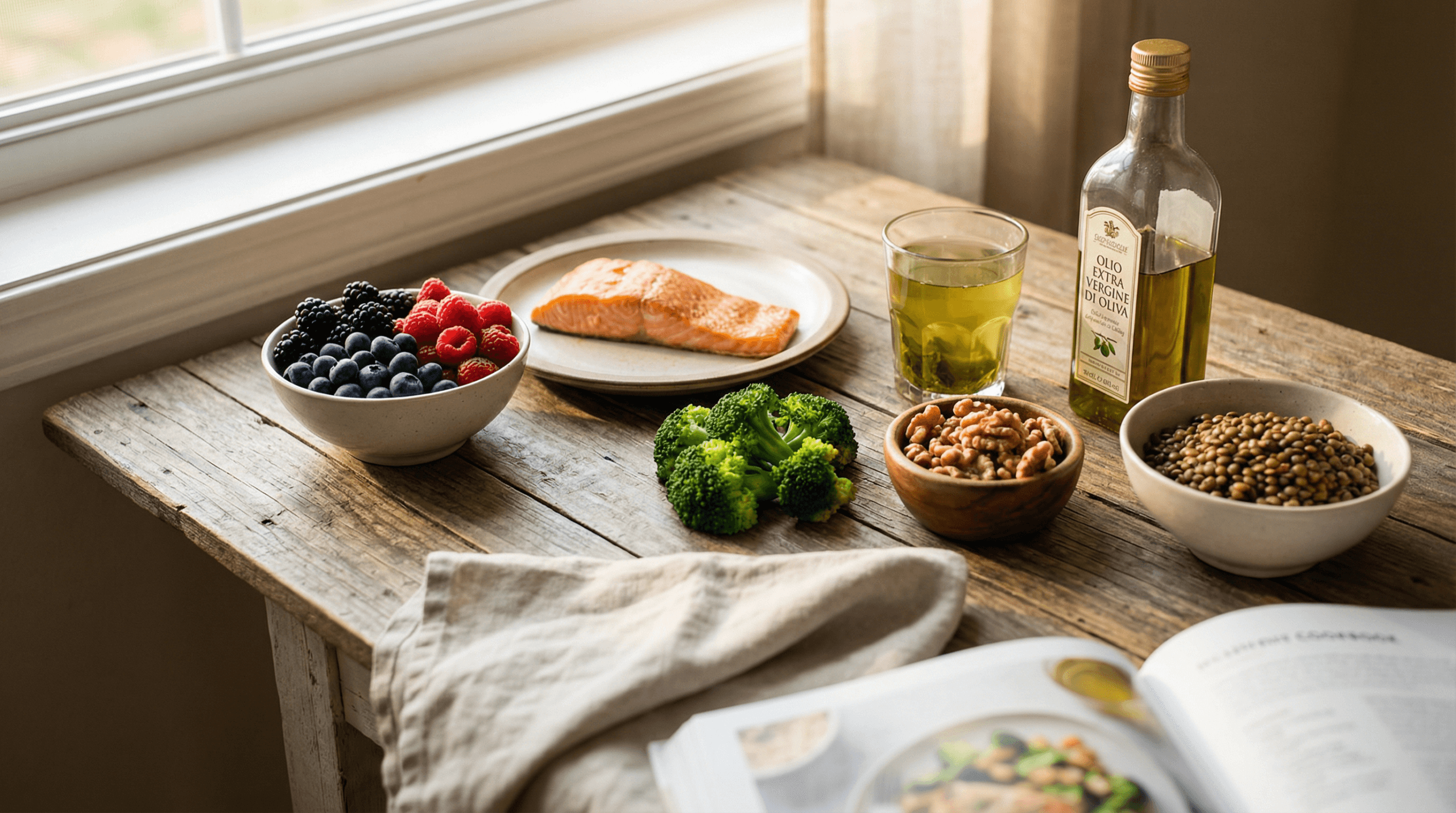 Anti-aging longevity foods including salmon, berries, broccoli, walnuts, green tea, olive oil, and lentils arranged on a wooden table