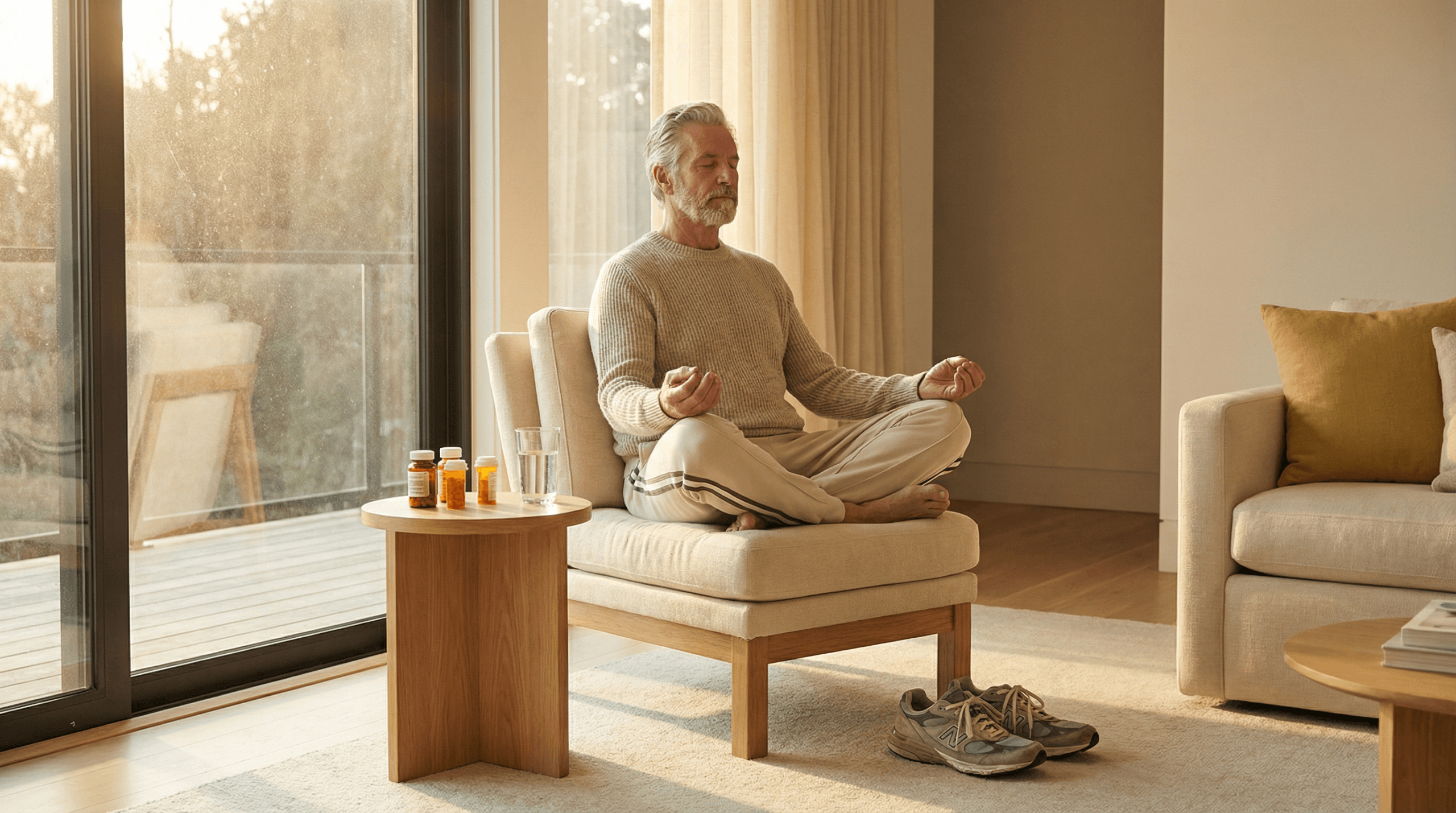 An older man meditating in a bright modern home at sunrise with supplements and running shoes nearby, representing a longevity-focused morning routine.