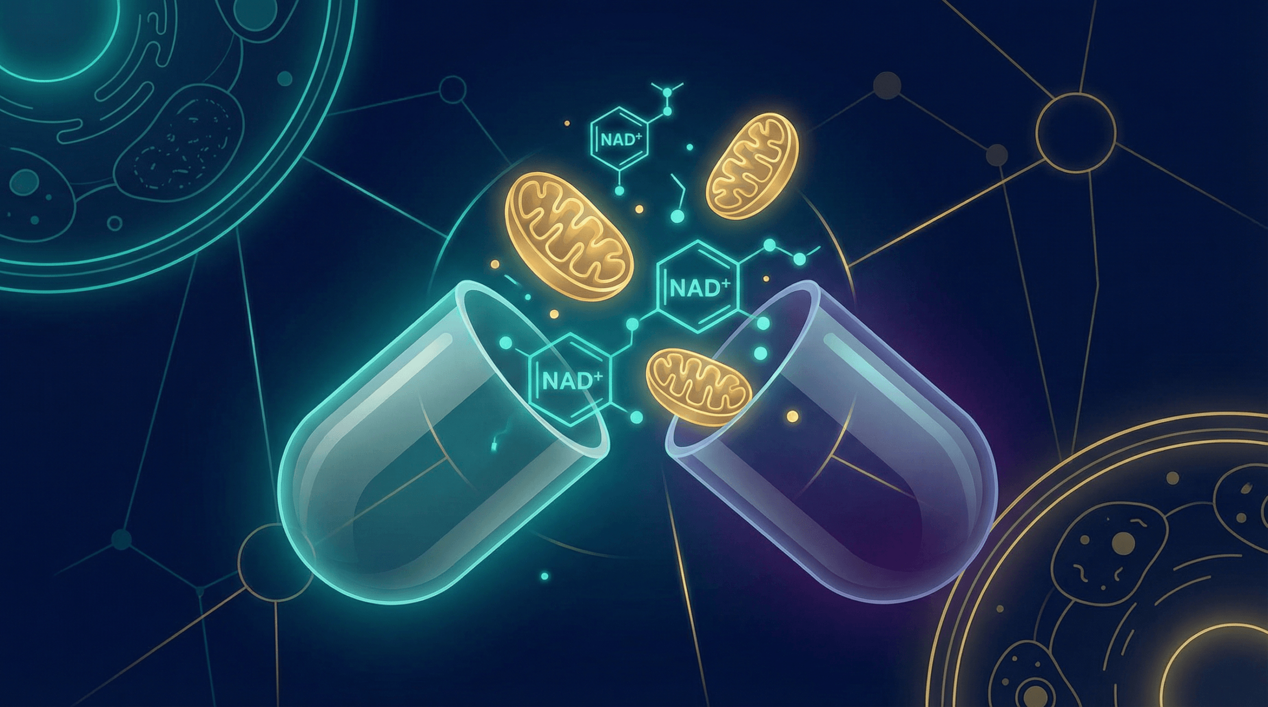 A supplement capsule opening to reveal glowing NAD+ molecules and mitochondria, representing the science of NAD+ supplementation for longevity.