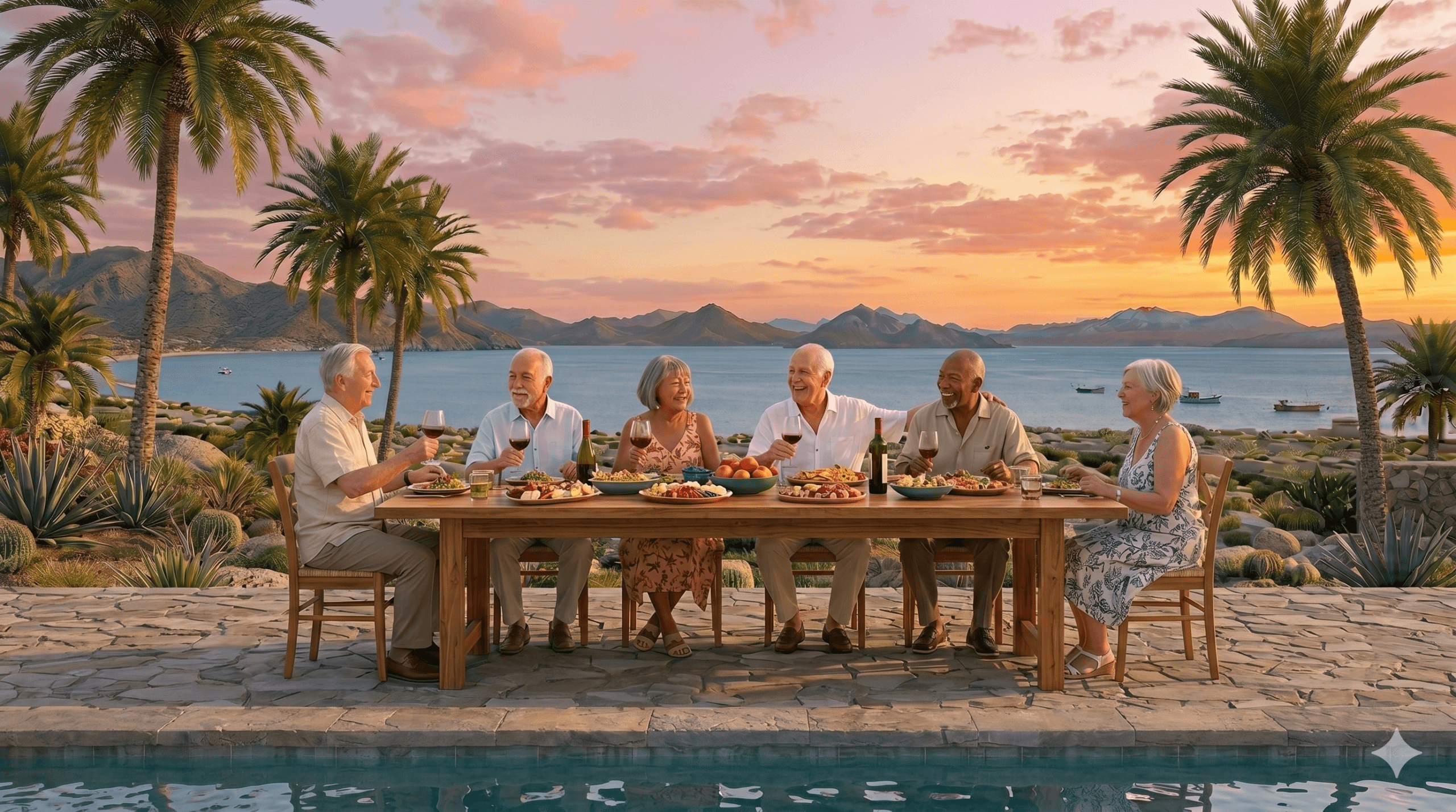 A group of vibrant older adults sharing an outdoor sunset dinner by the water, illustrating relational wellbeing and community longevity.