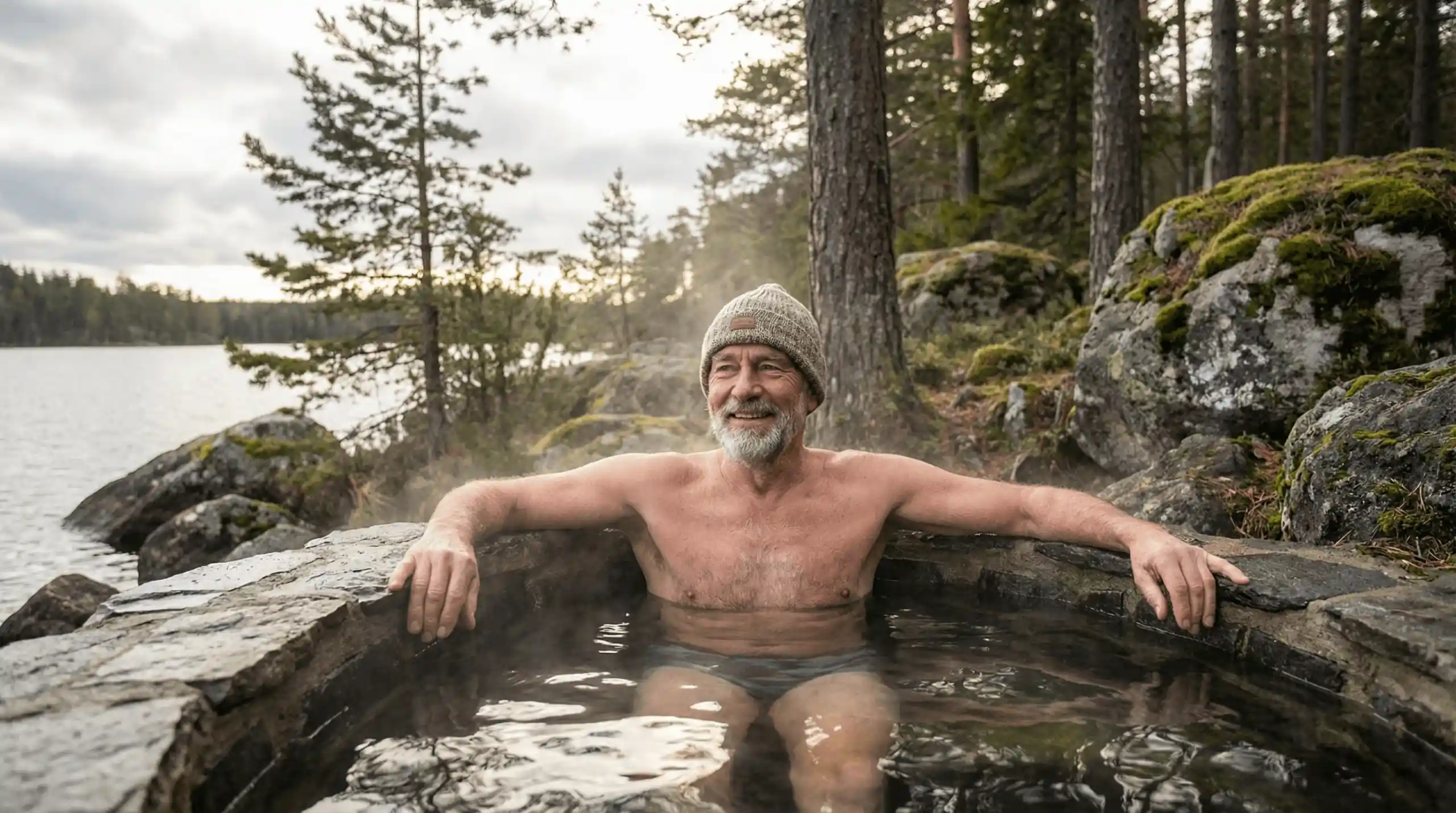 A photorealistic image of an older adult enjoying a cold plunge in a serene, natural outdoor setting, looking invigorated and calm, conveying vitality and healthy aging.