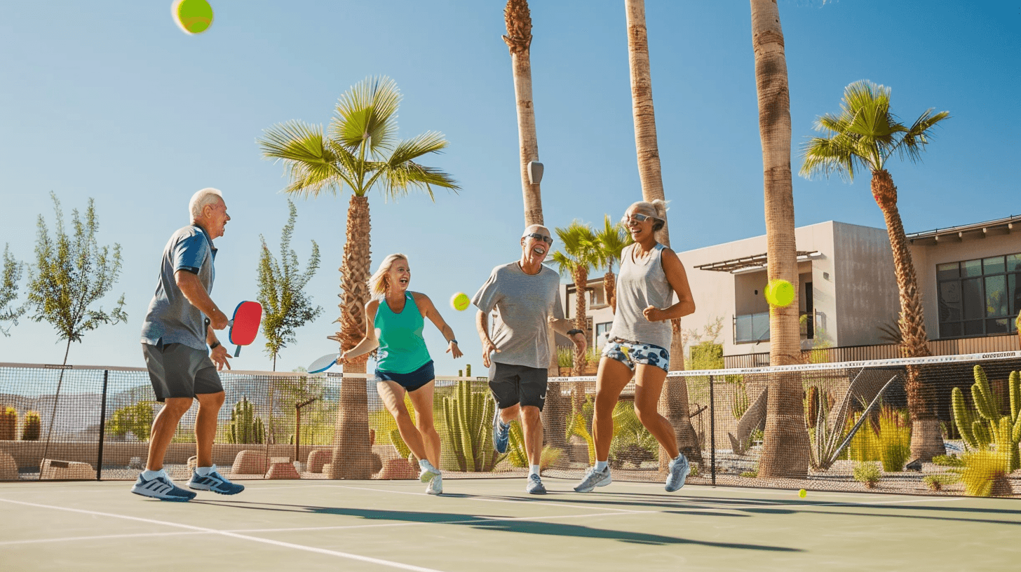 An active group of mature adults playing pickleball on a modern outdoor court in a sun-drenched eco-village with palm trees and modern desert architecture