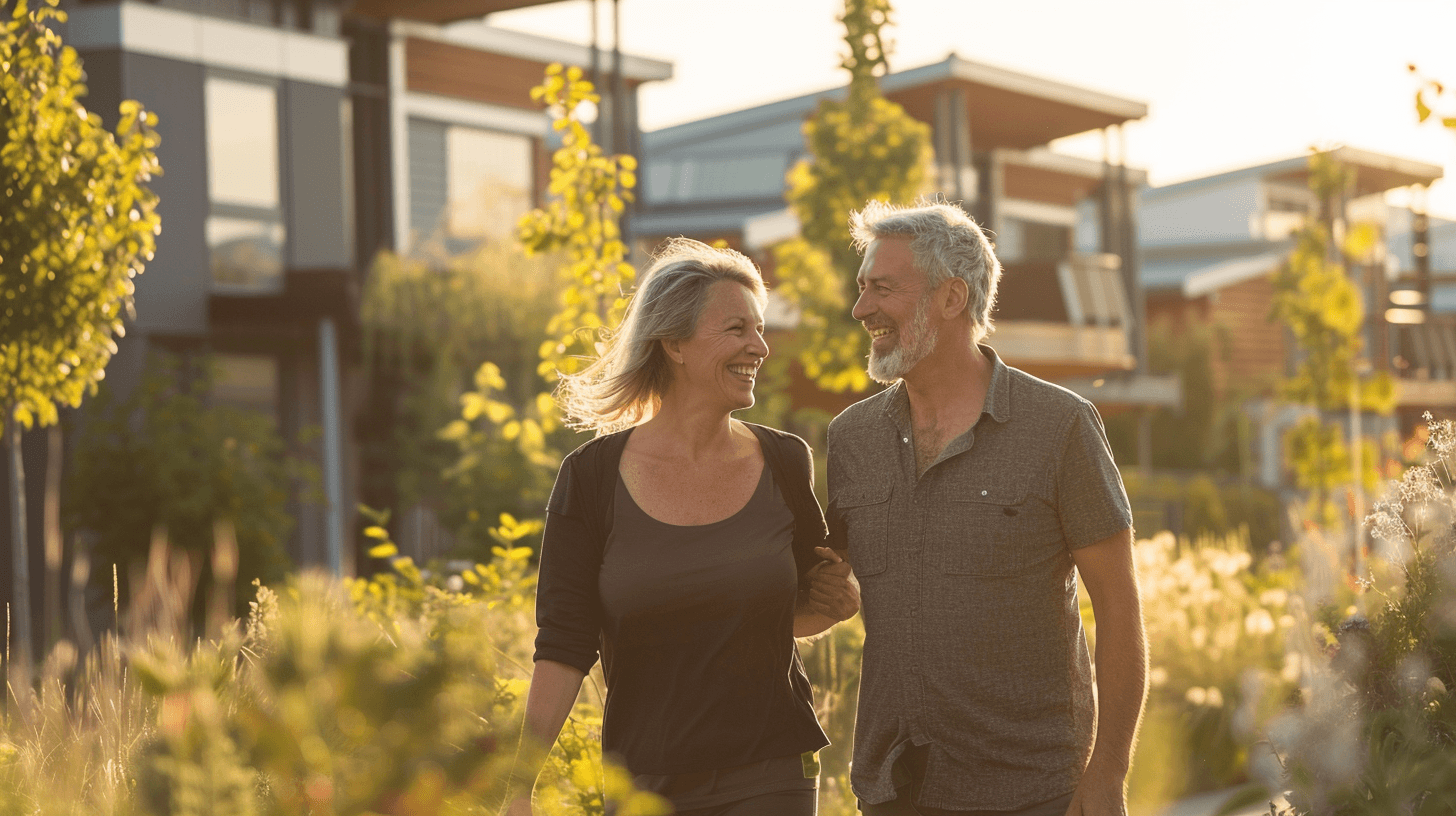 An active, healthy mature couple walking and laughing together through a sun-drenched modern eco-village community at golden hour