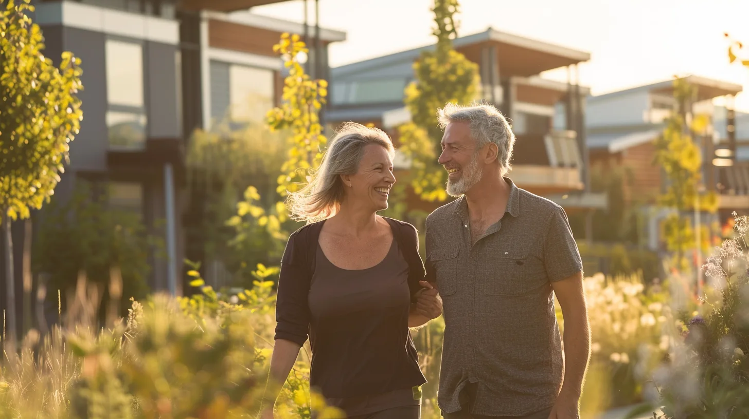 An active, healthy mature couple walking and laughing together through a sun-drenched modern eco-village community at golden hour