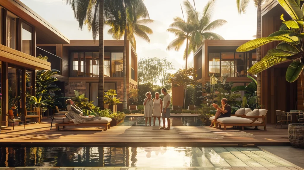 Active adults enjoying community life at an OASIS-concept tropical retreat — lap pool, casitas, and warm connection at golden hour