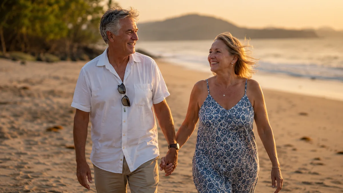 A happy retired couple walking hand-in-hand along a warm, sun-drenched beach during sunset
