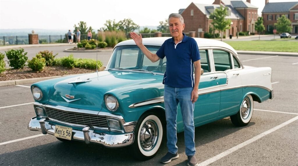 Ken Gardner standing beside a turquoise and white 1956 Chevrolet Bel Air, illustrating healthy aging through regular maintenance