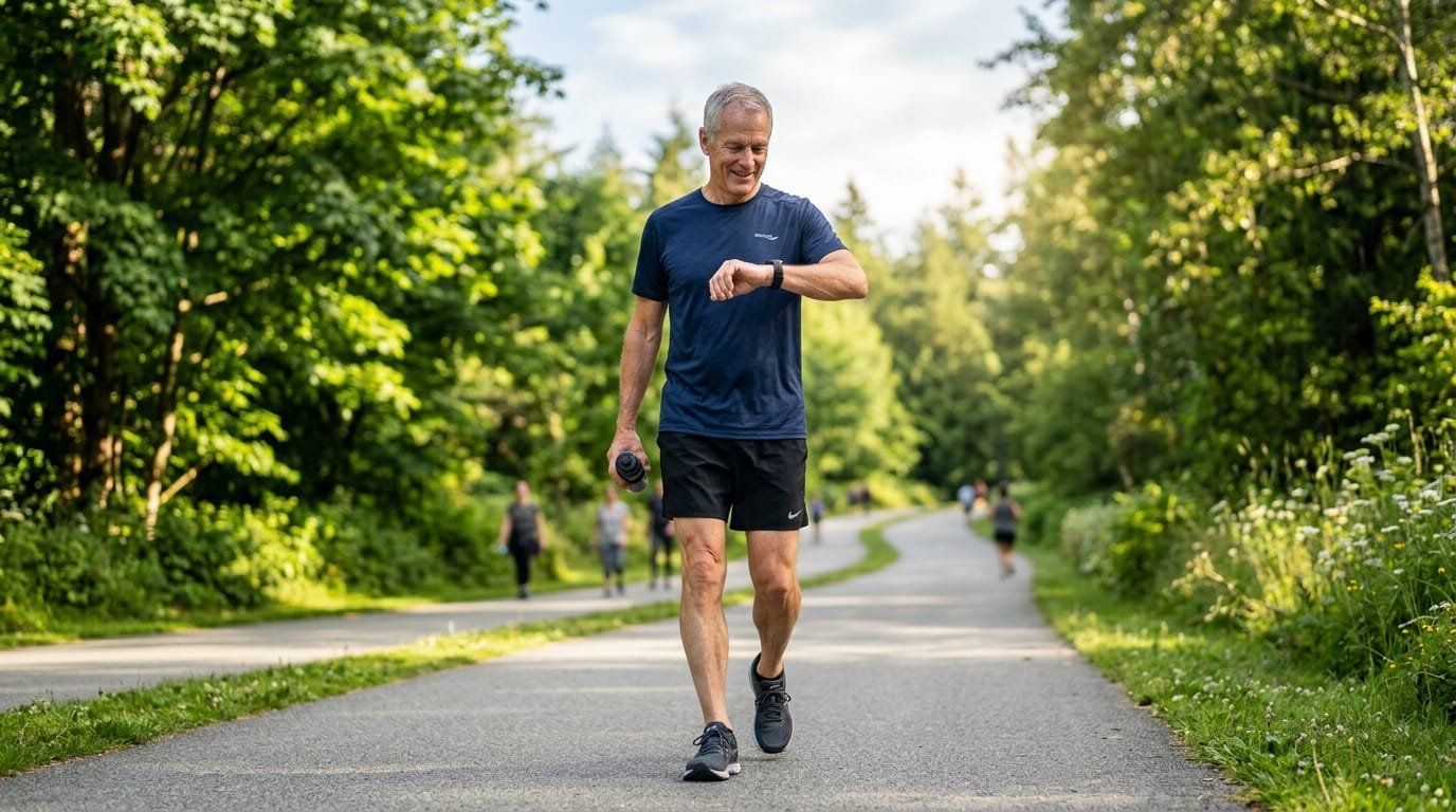 Older man checking his heart rate while walking outdoors for Zone 2 exercise