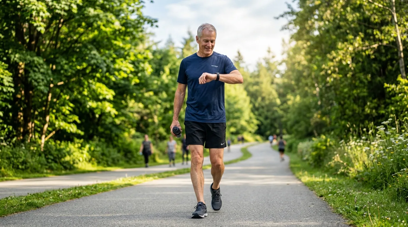 Older man checking his heart rate while walking outdoors for Zone 2 exercise
