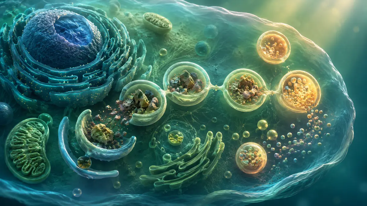 Conceptual illustration of cellular components being broken down and recycled during autophagy
