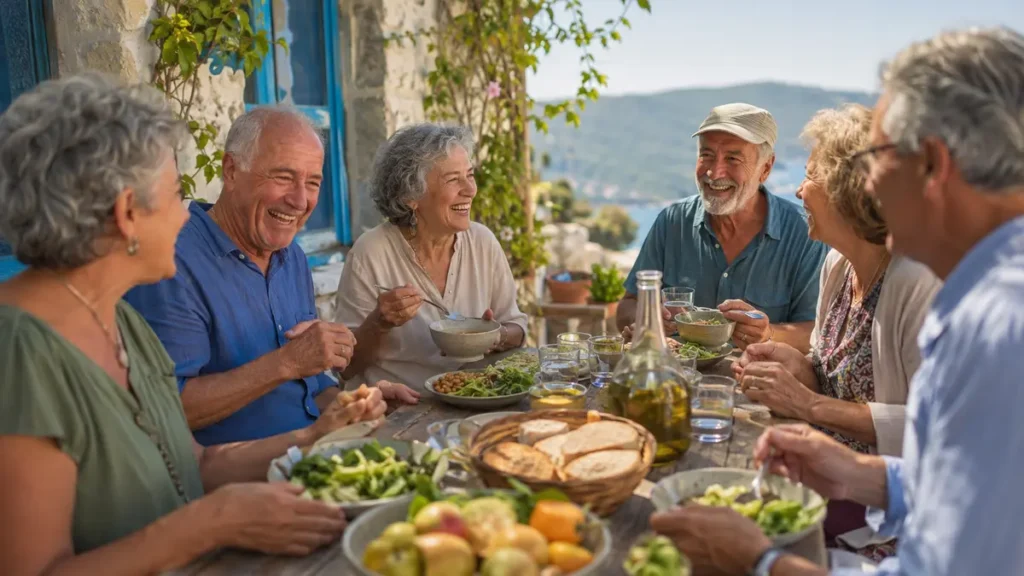 Older adults sharing a plant-forward Blue Zones-style meal outdoors