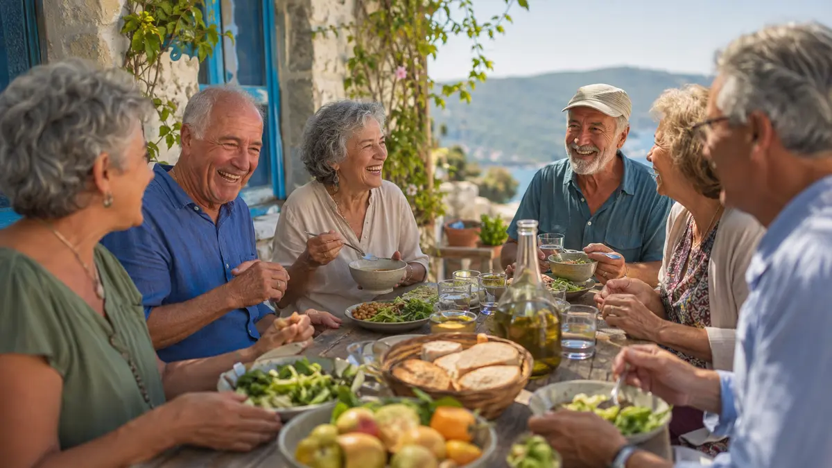 Older adults sharing a plant-forward Blue Zones-style meal outdoors