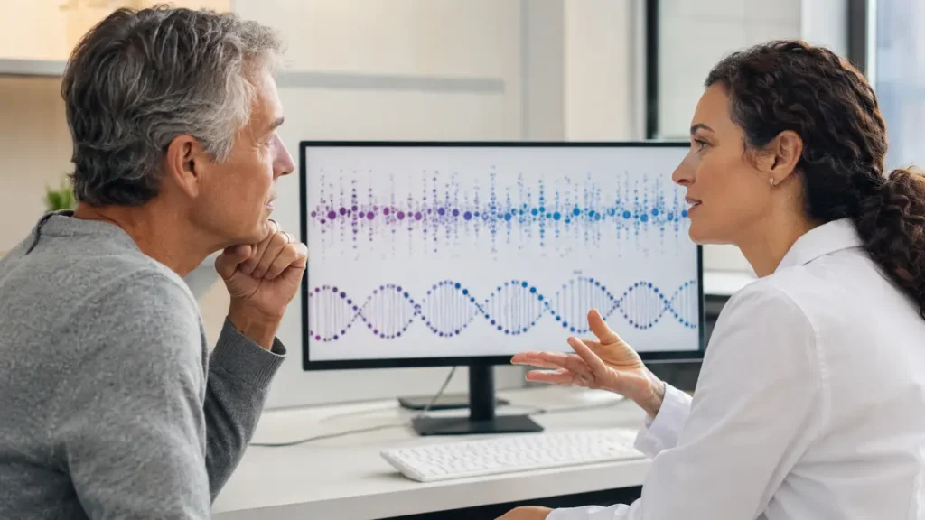 An older adult discussing DNA methylation data with a health researcher