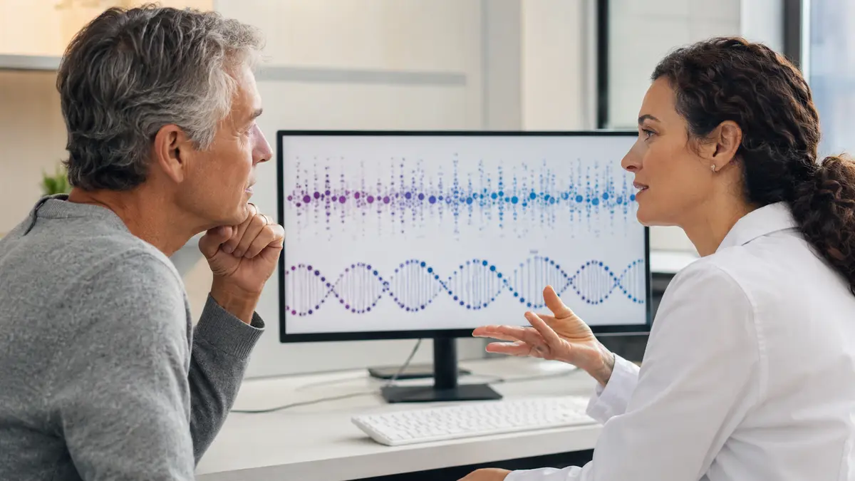 An older adult discussing DNA methylation data with a health researcher