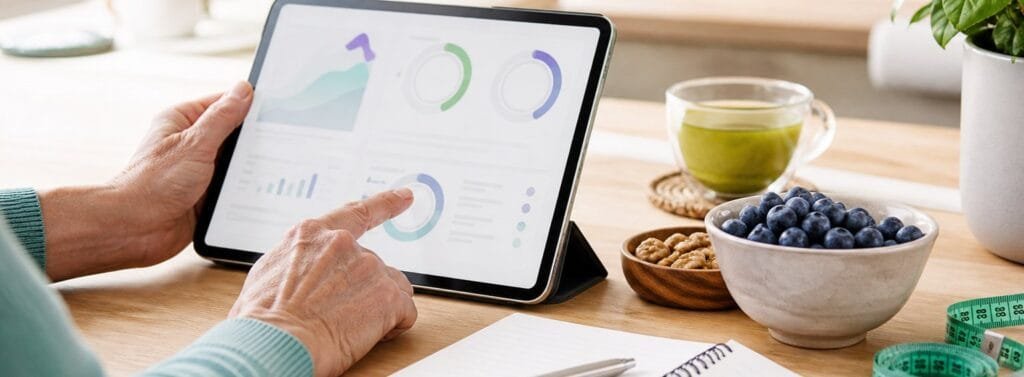 Adult using a tablet health dashboard with berries, green tea, notebook, and measuring tape