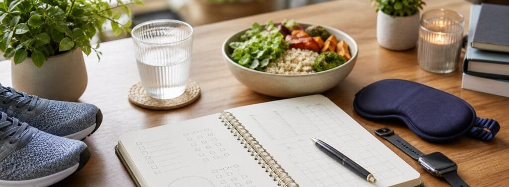 Weekly longevity habit plan with notebook, healthy meal, walking shoes, sleep mask, and smartwatch