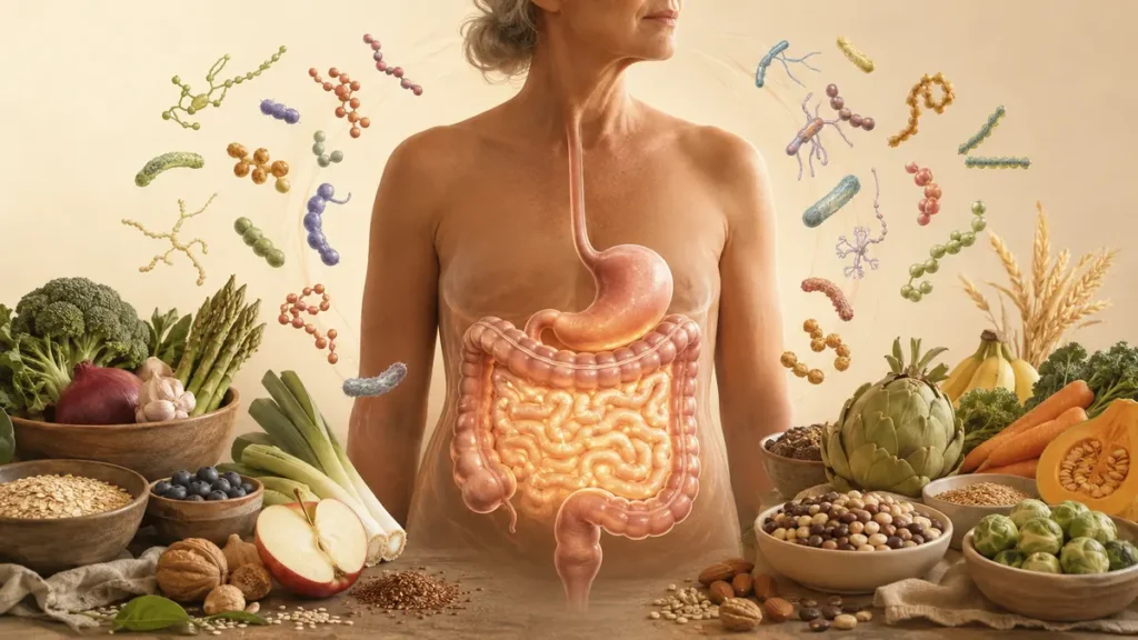 Educational illustration of the gut microbiome with fibre-rich foods