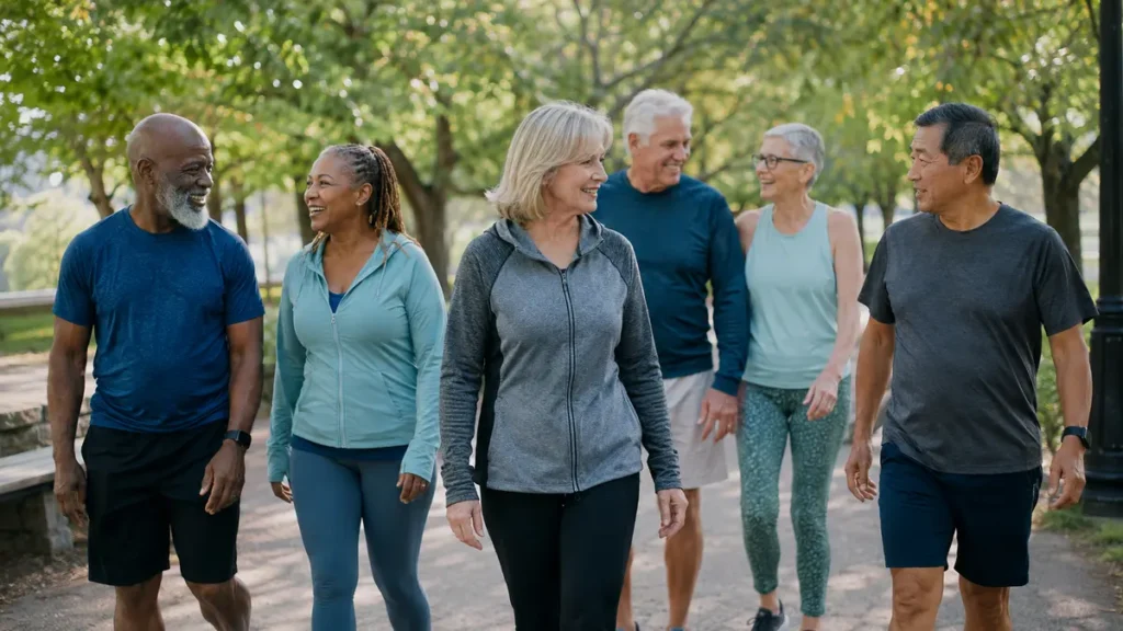 Active adults walking together in a park, supporting healthspan and lifelong function