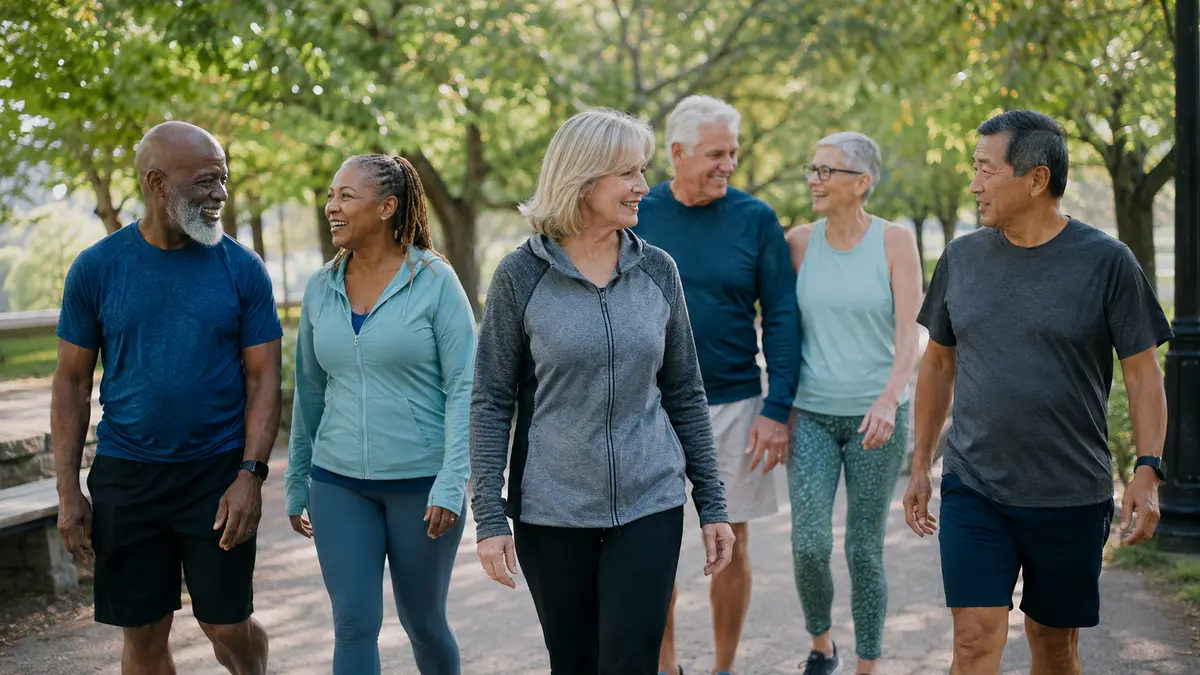 Active adults walking together in a park, supporting healthspan and lifelong function