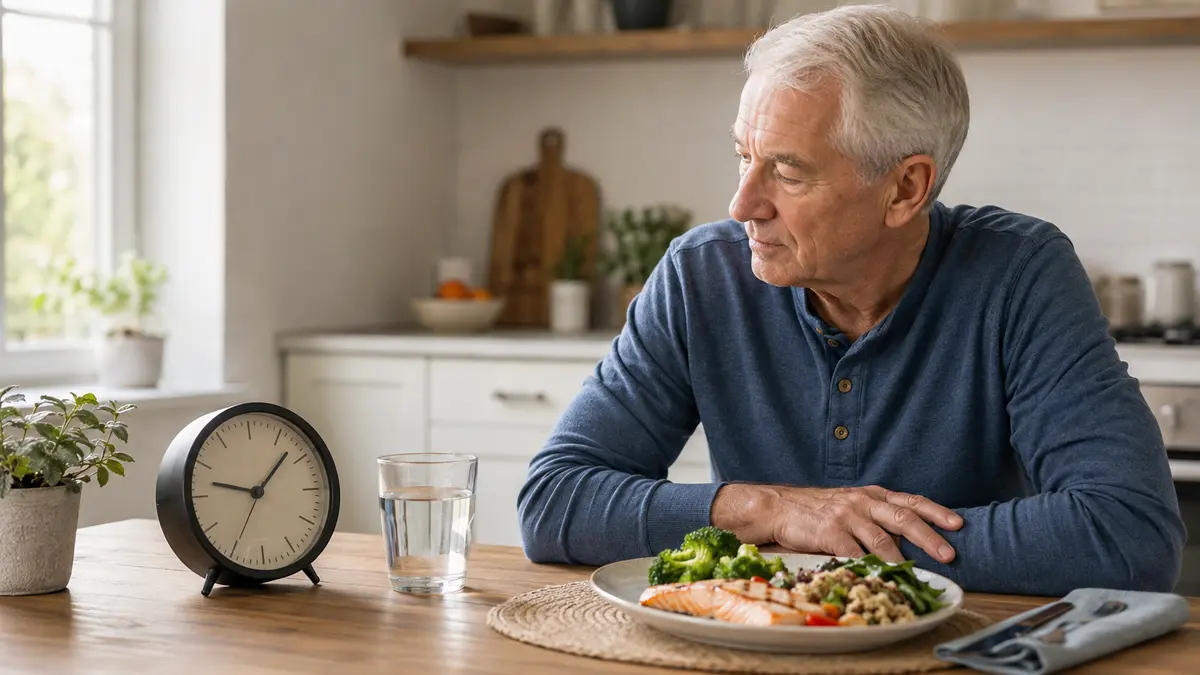 Older adult considering meal timing beside a clock, water, and balanced food