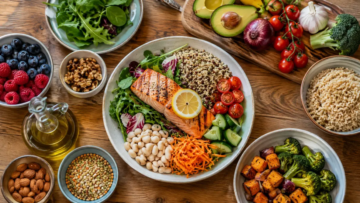 A balanced meal of vegetables, berries, beans, whole grains, nuts and salmon