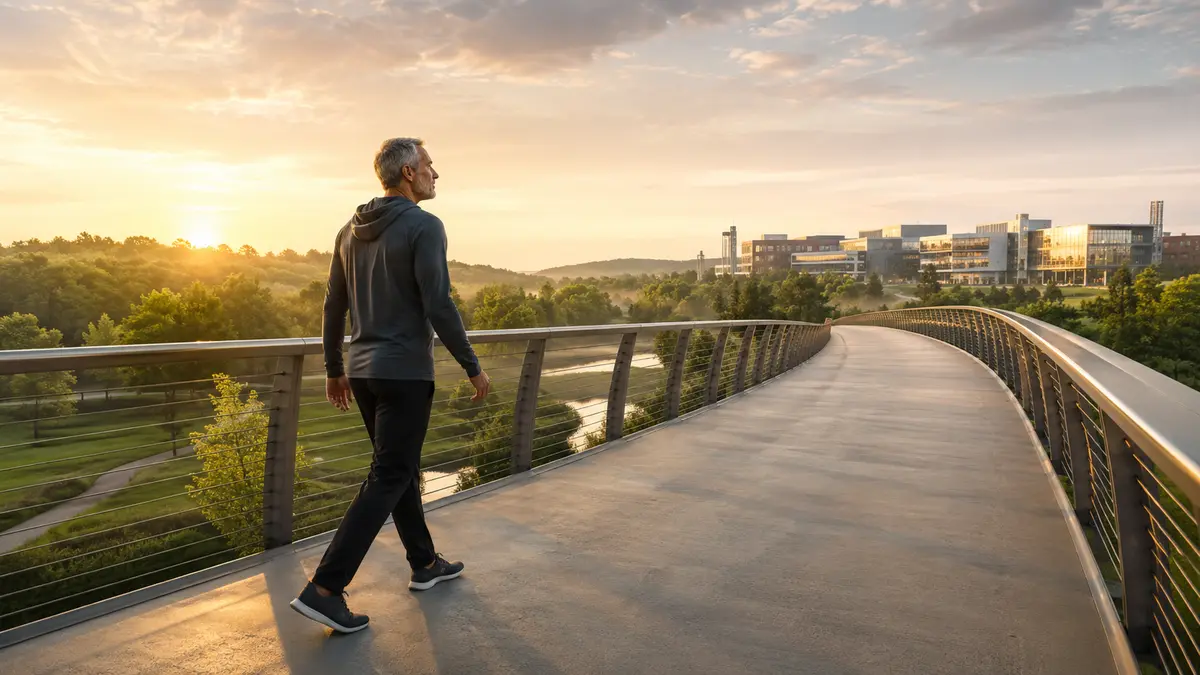 An active older adult crossing a bridge toward a distant medical research campus