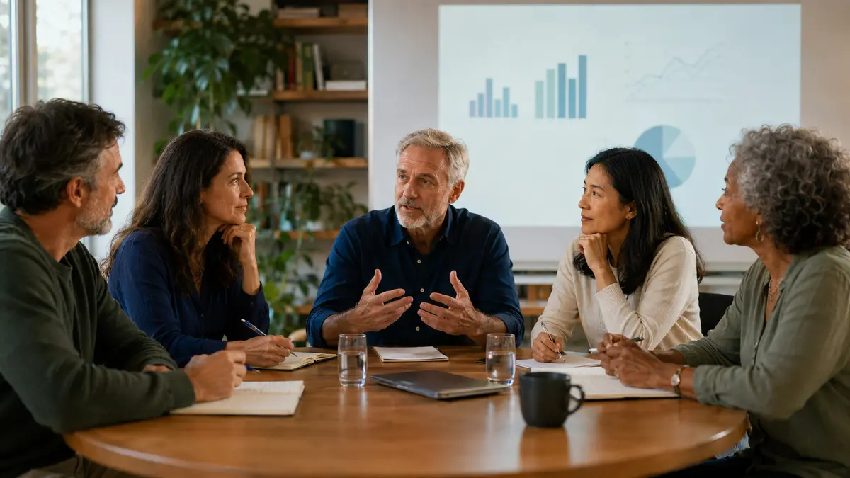 Researchers and healthy-aging practitioners discussing longevity evidence around a table.