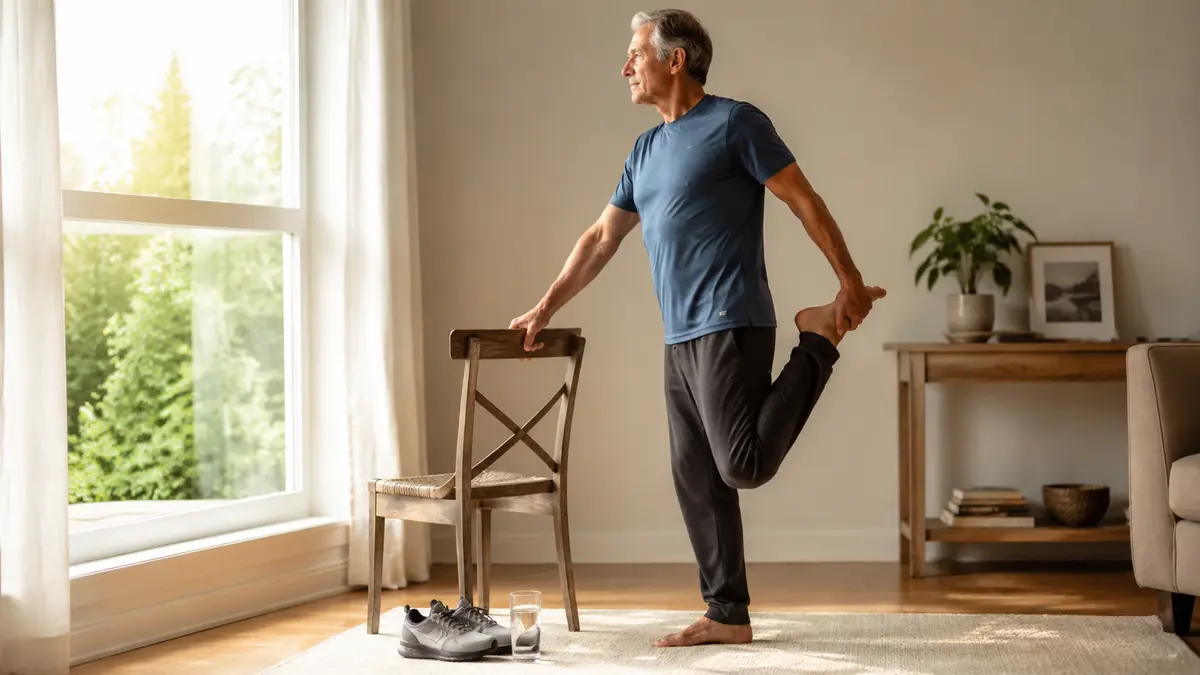An older adult stretching beside a sunny window with water and walking shoes nearby