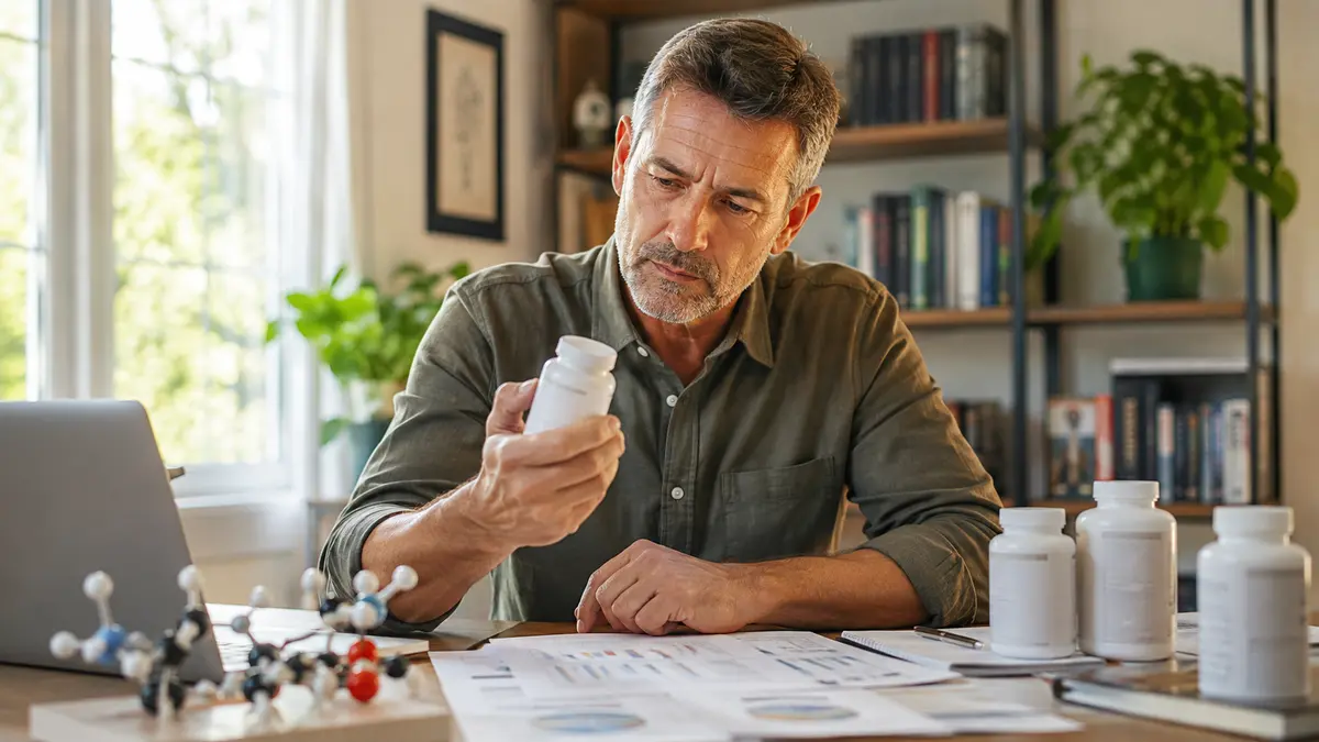 Adult reviewing NAD+, NMN, and NR supplement research at a home desk