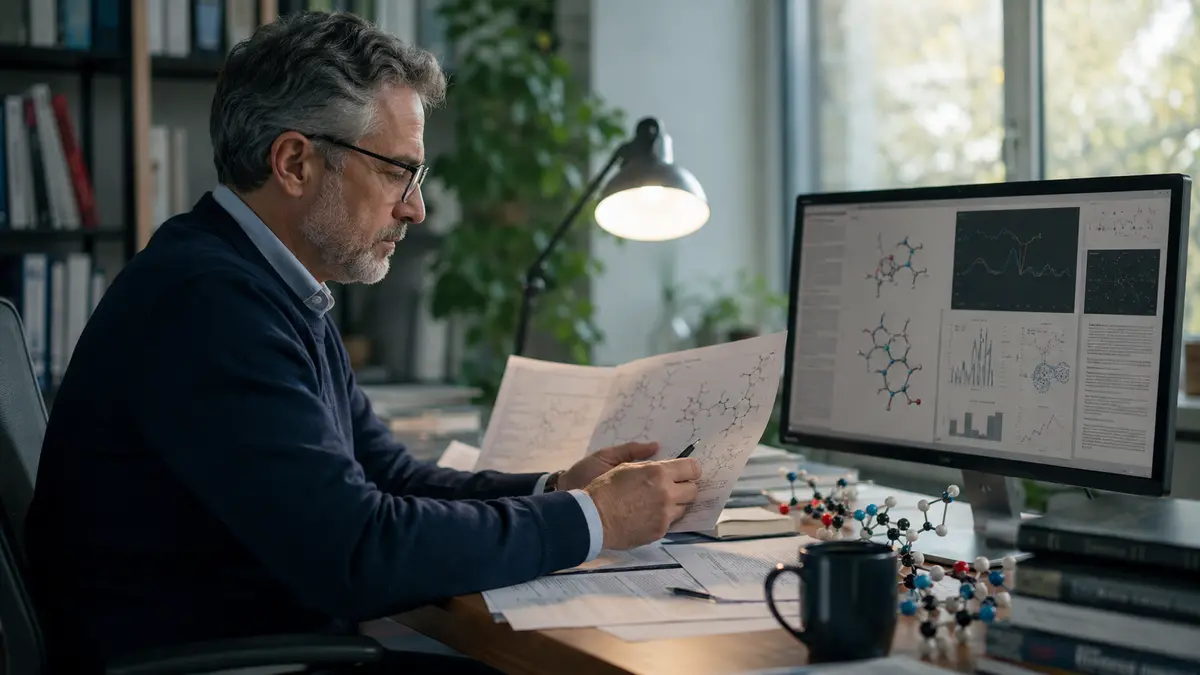 A researcher comparing peptide studies, molecular diagrams, and laboratory data.