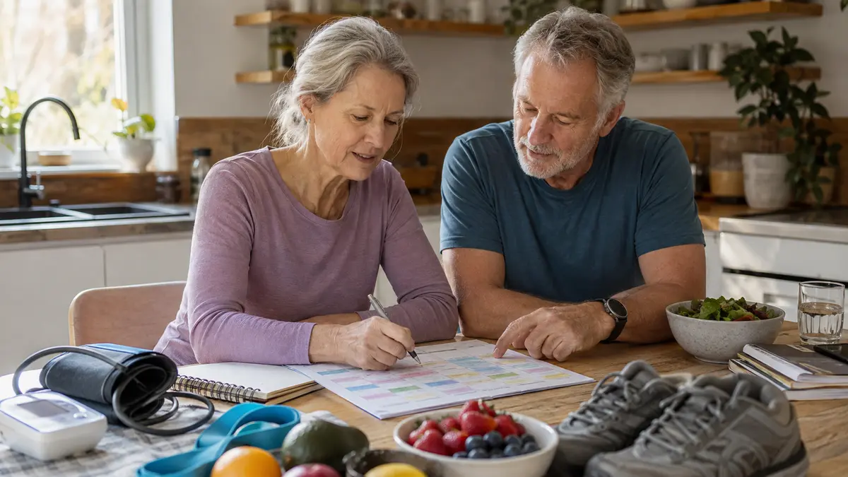 Older couple building a practical personal longevity plan at their kitchen table