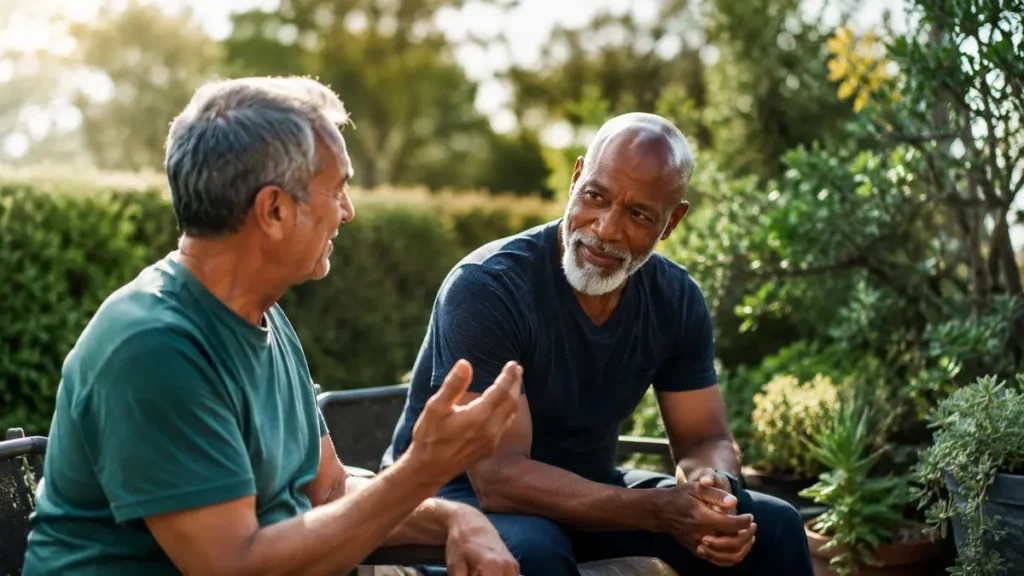 Two older friends talking supportively in a garden