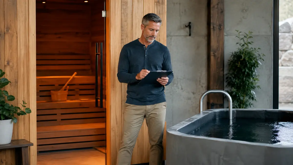 Fully clothed health educator comparing an empty sauna and cold-plunge tub