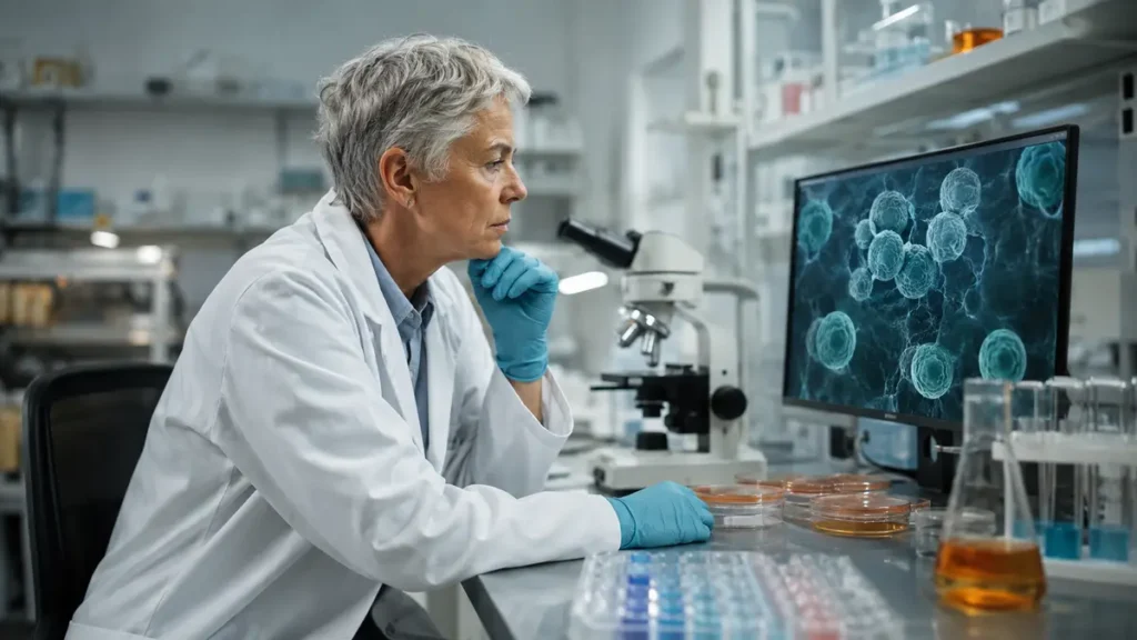 A scientist reviewing cell-aging research in a laboratory.